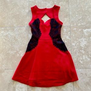 LIKE NEW! GUESS Red Fit And Flare Dress With Black Lace Trim, Size 2